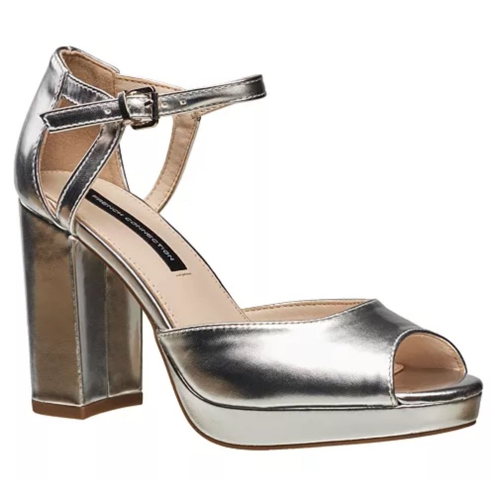 French Connection Silver Platform‎ Peep Toe Pumps Heels 10 New